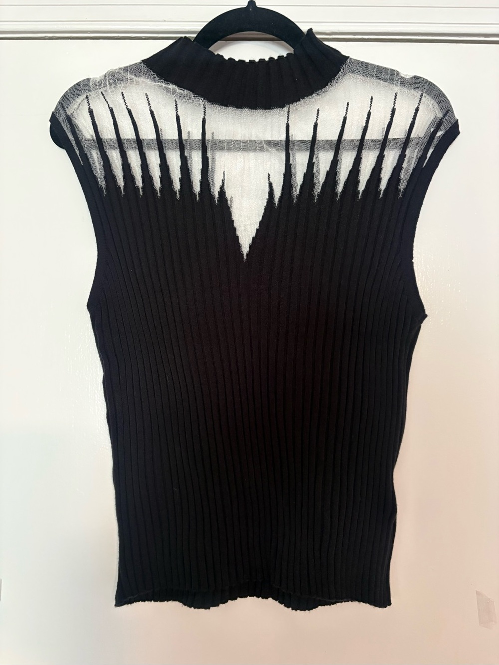 SHEIN Black Ribbed Sleeveless Mock Neck Tank with Sheer Yoke
